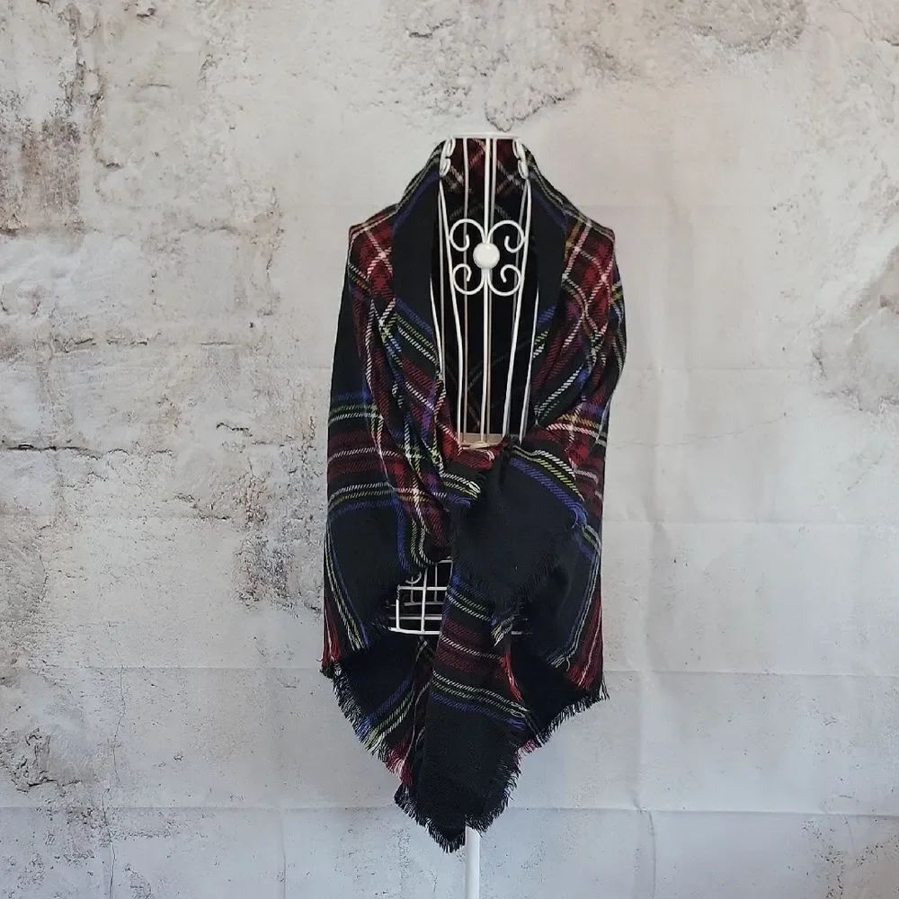 Rue21 Etc. Black and Blue Fringe Shawl/ Wrap Knit Square 57" X 57"